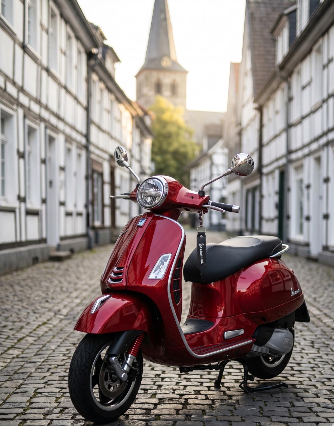Rote Vespa vor Fachwerkhäusern in Wipperfürth zur Reparatur.