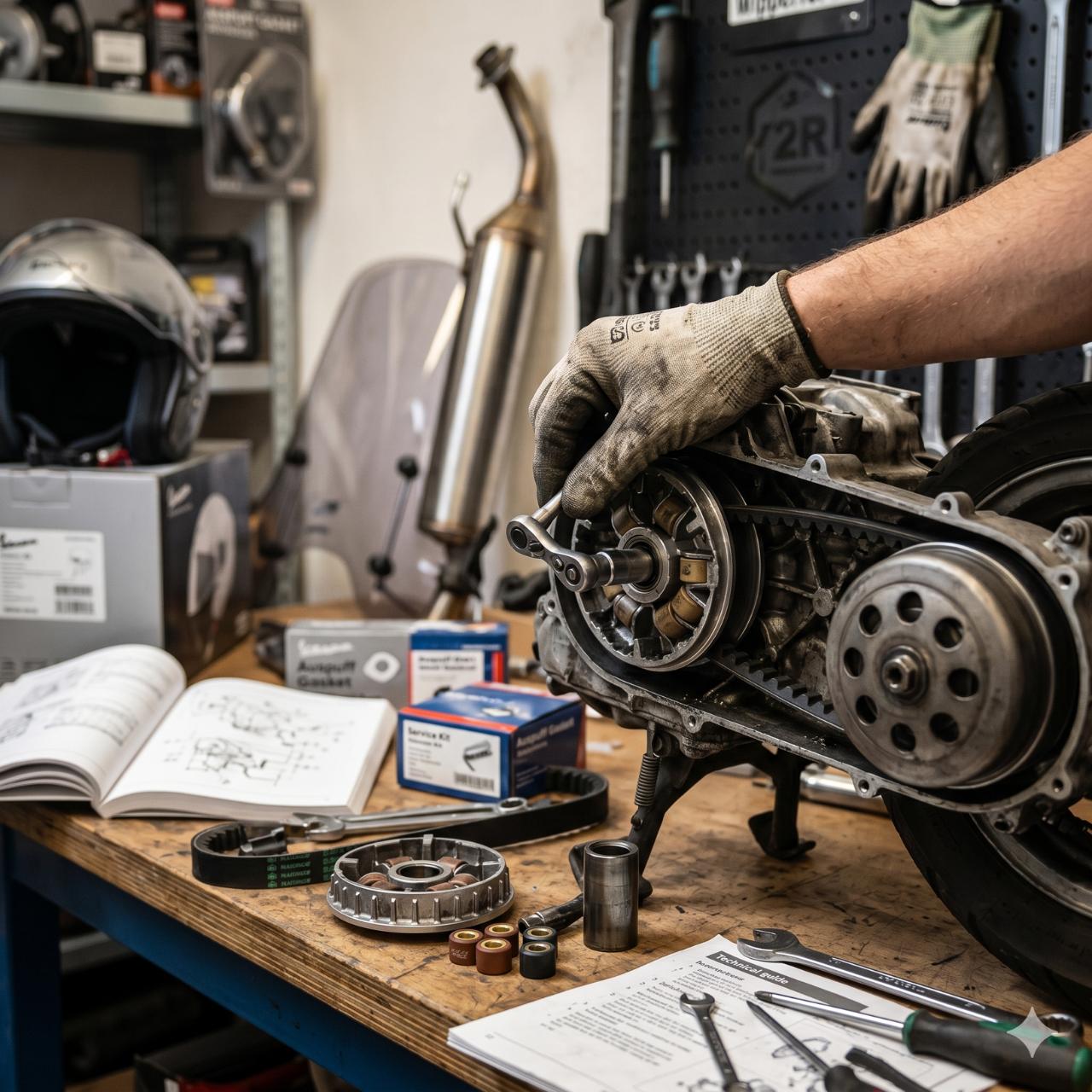 Mechaniker montiert Roller-Ersatzteile und Tuning-Zubehör für Wipperfürth.